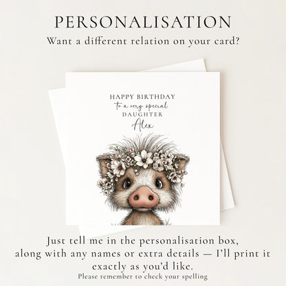Daughter Birthday Card, Cute Piglet Birthday Card, Personalised Daughter Card, Floral Crown Animal Card, Printed Children’s Birthday Card