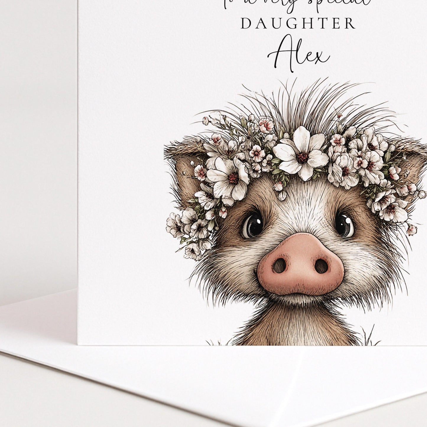 Daughter Birthday Card, Cute Piglet Birthday Card, Personalised Daughter Card, Floral Crown Animal Card, Printed Children’s Birthday Card