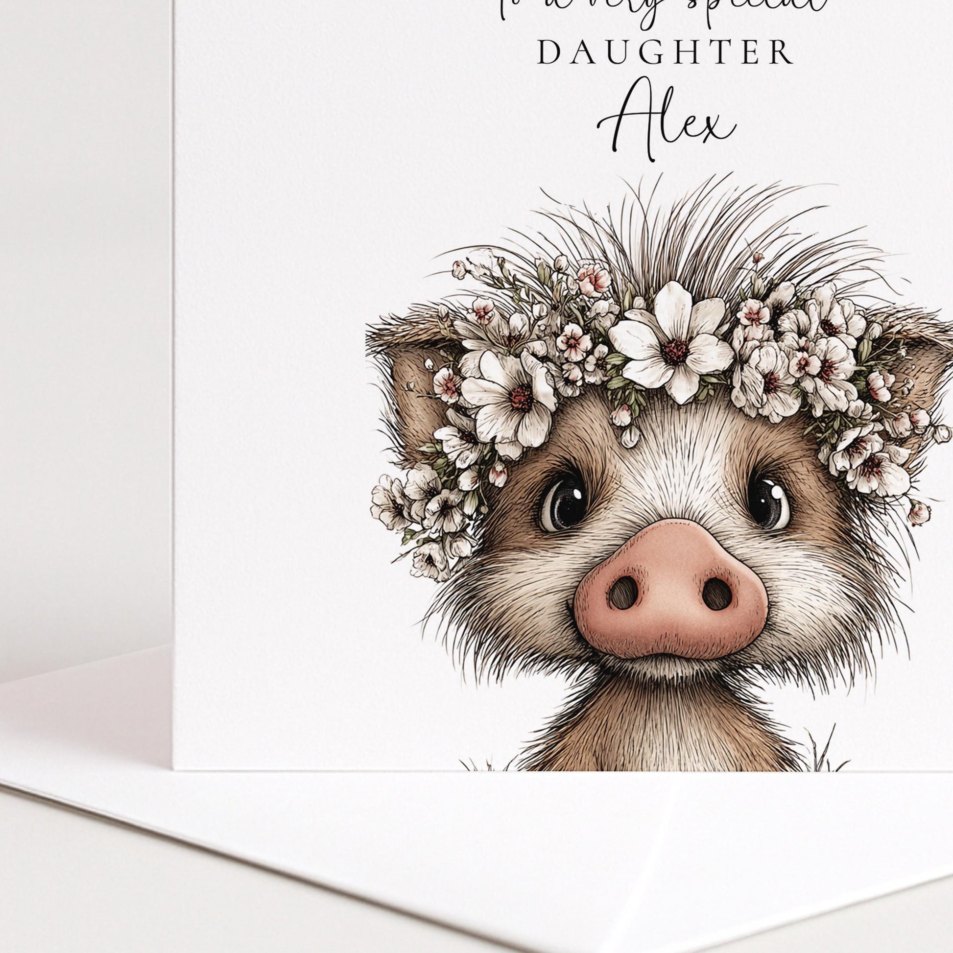 Daughter Birthday Card, Cute Piglet Birthday Card, Personalised Daughter Card, Floral Crown Animal Card, Printed Children’s Birthday Card