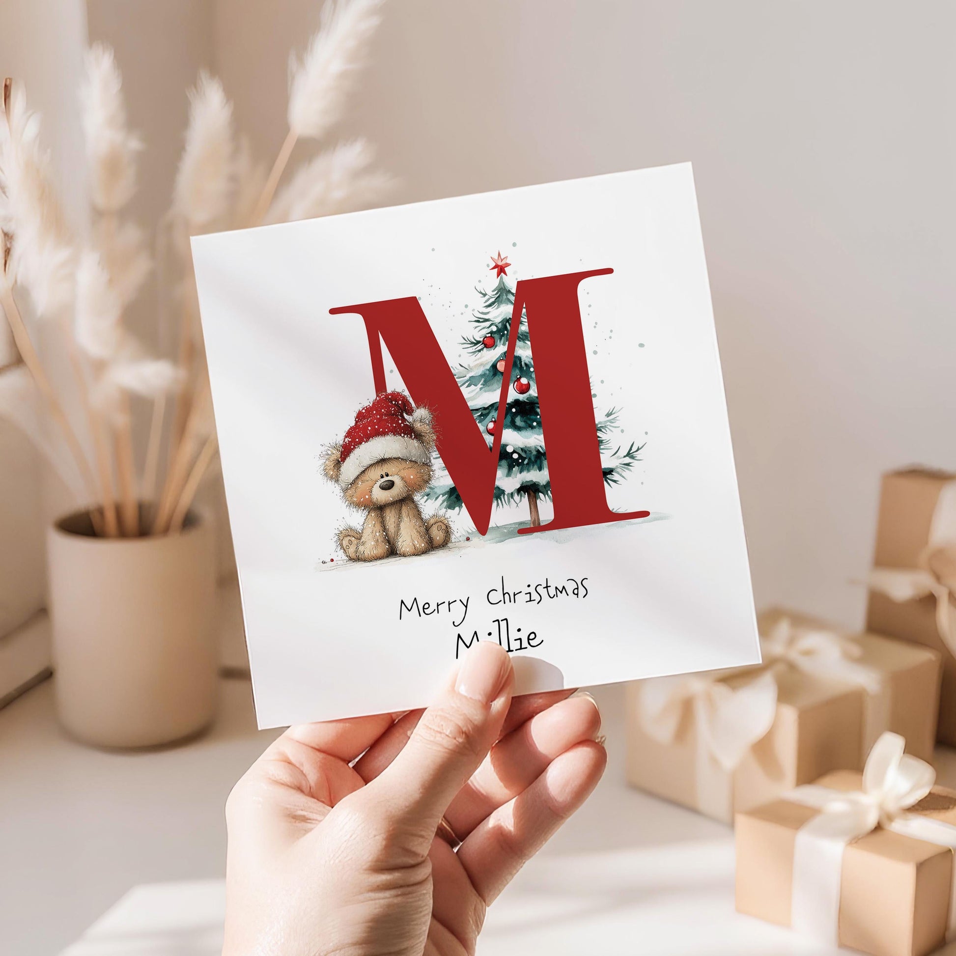 Initial M Christmas Card, Personalised Name Xmas Card, Cute Bear Christmas Card for Kids, Grandchild