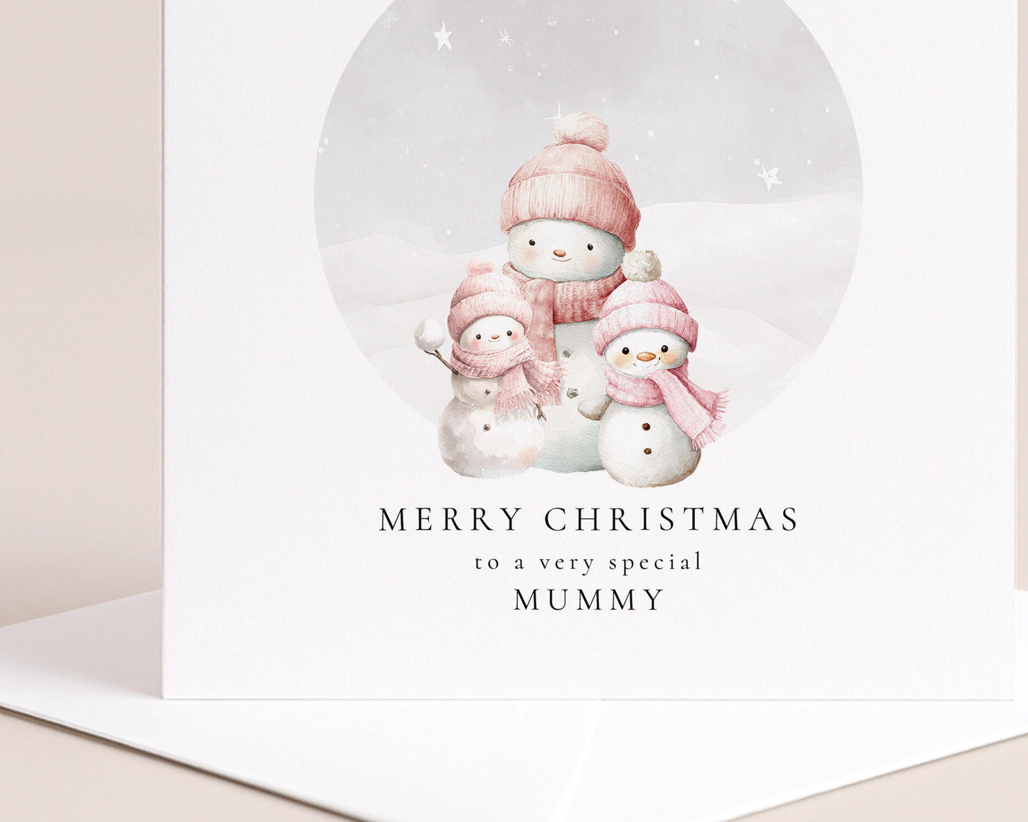 Christmas Card for Mummy from Daughters, Personalised Snowman Family Card, Cute Winter Scene, Custom Name Card for Mum