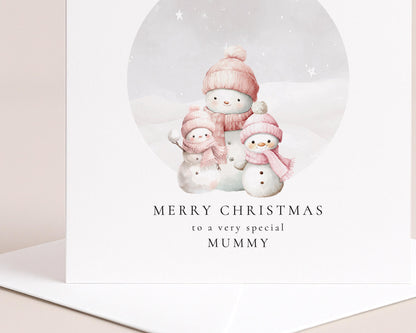 Christmas Card for Mummy from Daughters, Personalised Snowman Family Card, Cute Winter Scene, Custom Name Card for Mum