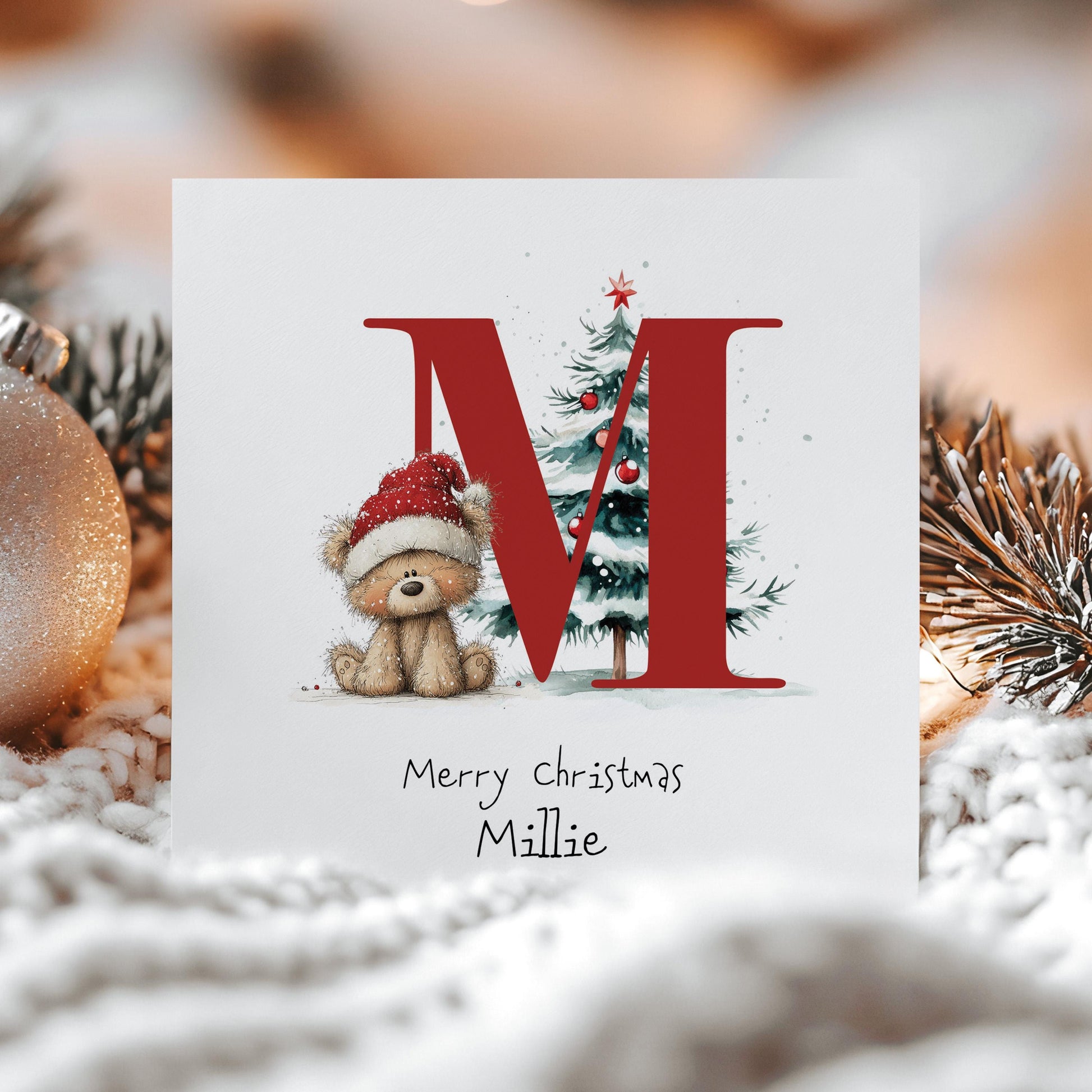 Initial M Christmas Card, Personalised Name Xmas Card, Cute Bear Christmas Card for Kids, Grandchild