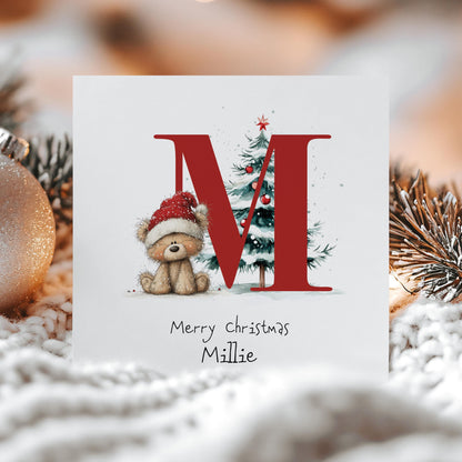 Initial M Christmas Card, Personalised Name Xmas Card, Cute Bear Christmas Card for Kids, Grandchild