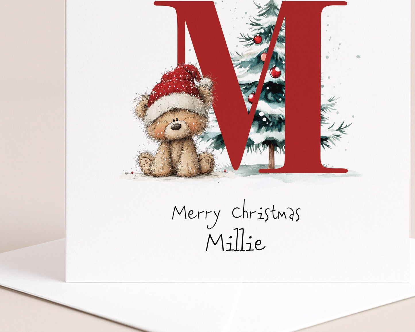 Initial M Christmas Card, Personalised Name Xmas Card, Cute Bear Christmas Card for Kids, Grandchild