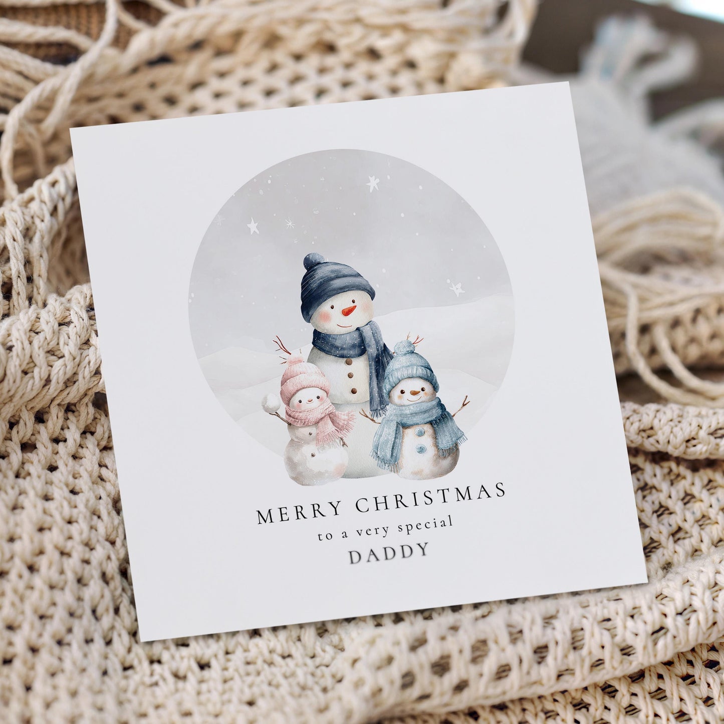 Daddy Christmas Card, Personalised Snowman Family with Daughter and Son, Custom Name Card for Dad from Kids, Cute Xmas Card