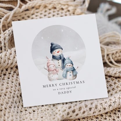 Daddy Christmas Card, Personalised Snowman Family with Daughter and Son, Custom Name Card for Dad from Kids, Cute Xmas Card