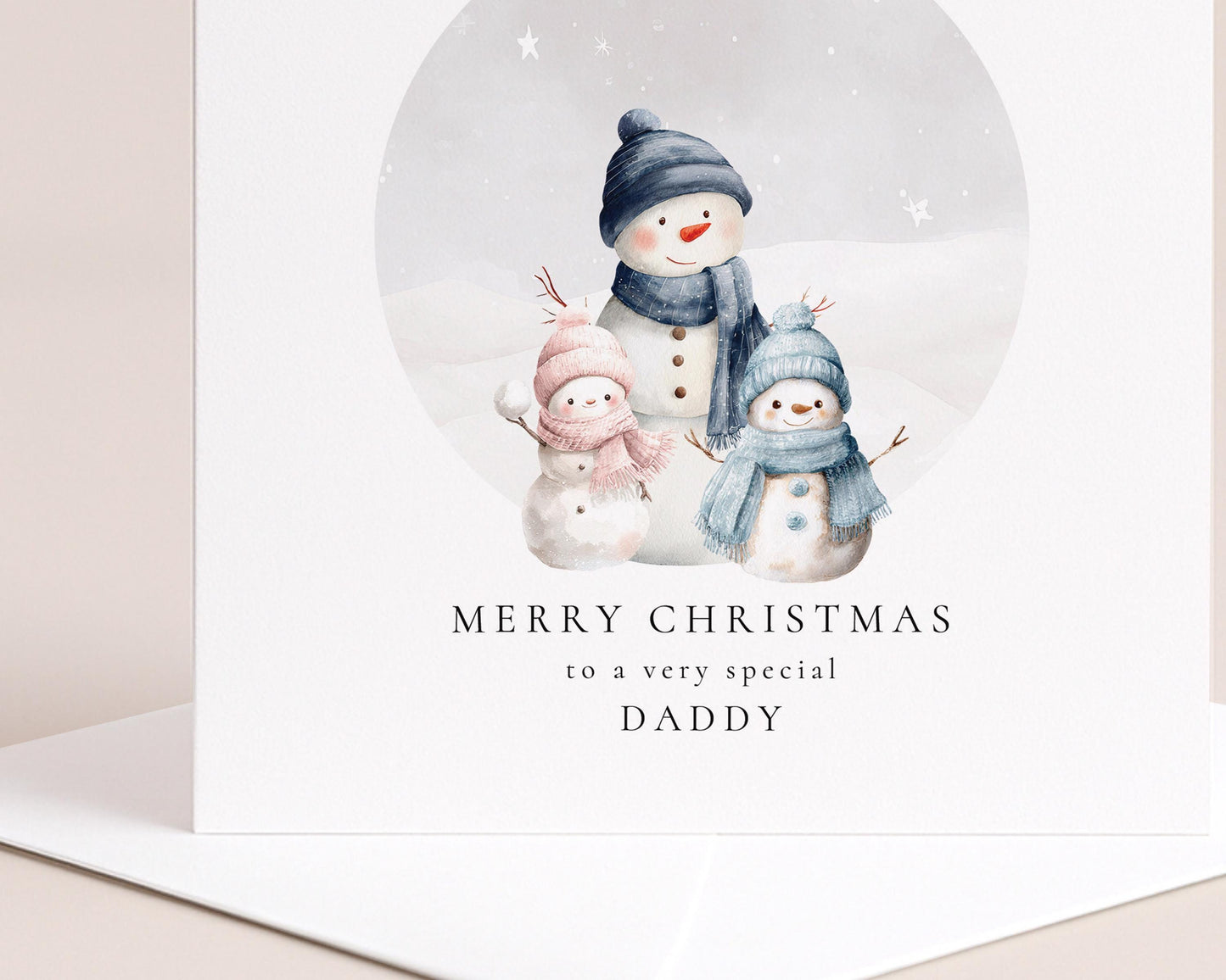 Daddy Christmas Card, Personalised Snowman Family with Daughter and Son, Custom Name Card for Dad from Kids, Cute Xmas Card