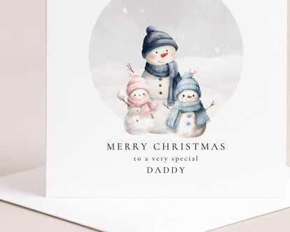 Daddy Christmas Card, Personalised Snowman Family with Daughter and Son, Custom Name Card for Dad from Kids, Cute Xmas Card