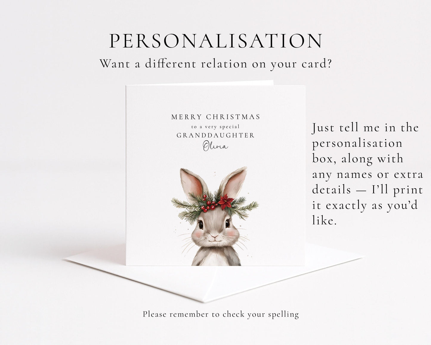 Personalised Christmas Card for Granddaughter, Cute Bunny Christmas Card, Printed & Posted, Festive Card for Grandchild, Custom Name Option