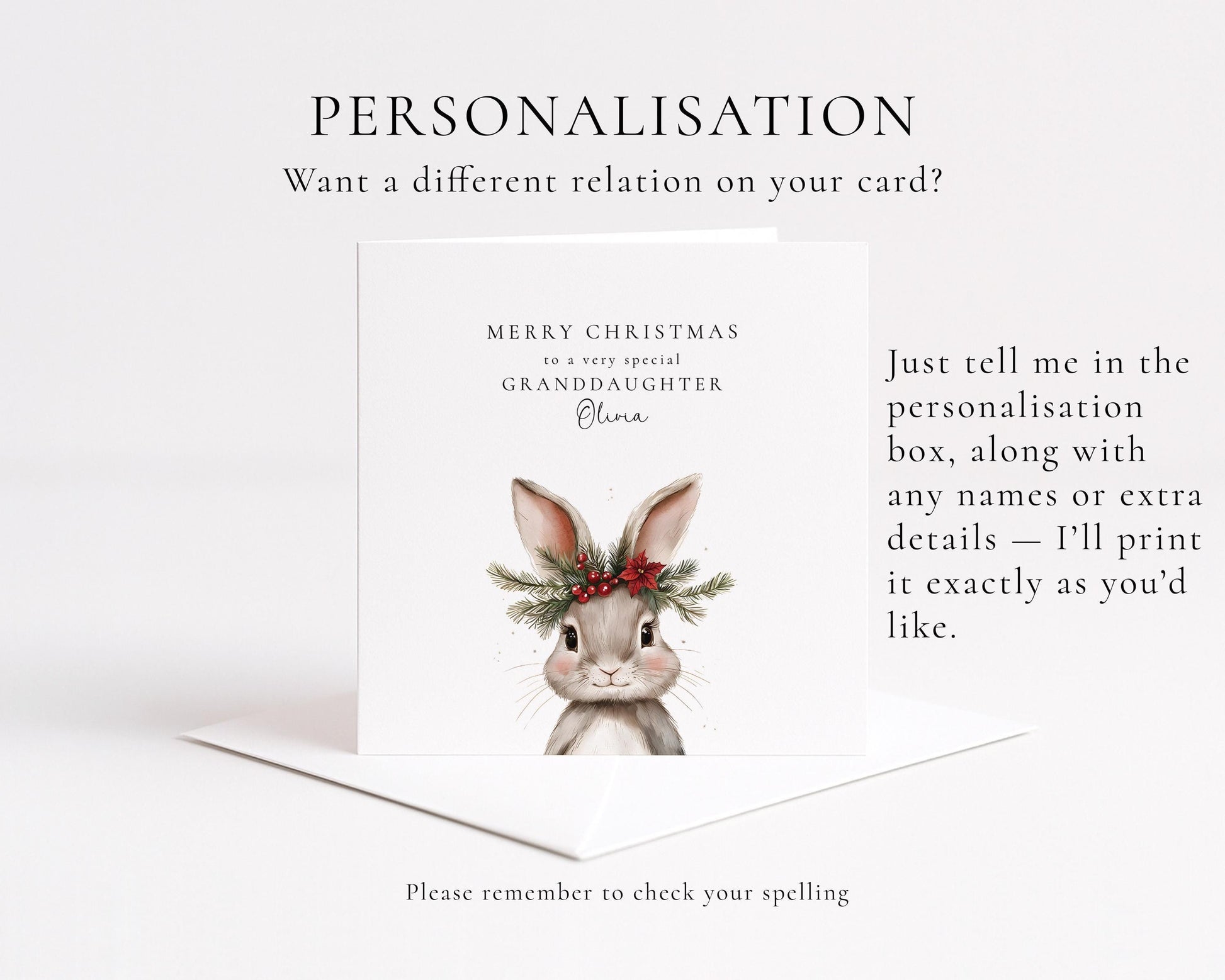 Personalised Christmas Card for Granddaughter, Cute Bunny Christmas Card, Printed & Posted, Festive Card for Grandchild, Custom Name Option