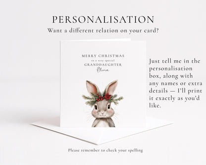 Personalised Christmas Card for Granddaughter, Cute Bunny Christmas Card, Printed & Posted, Festive Card for Grandchild, Custom Name Option