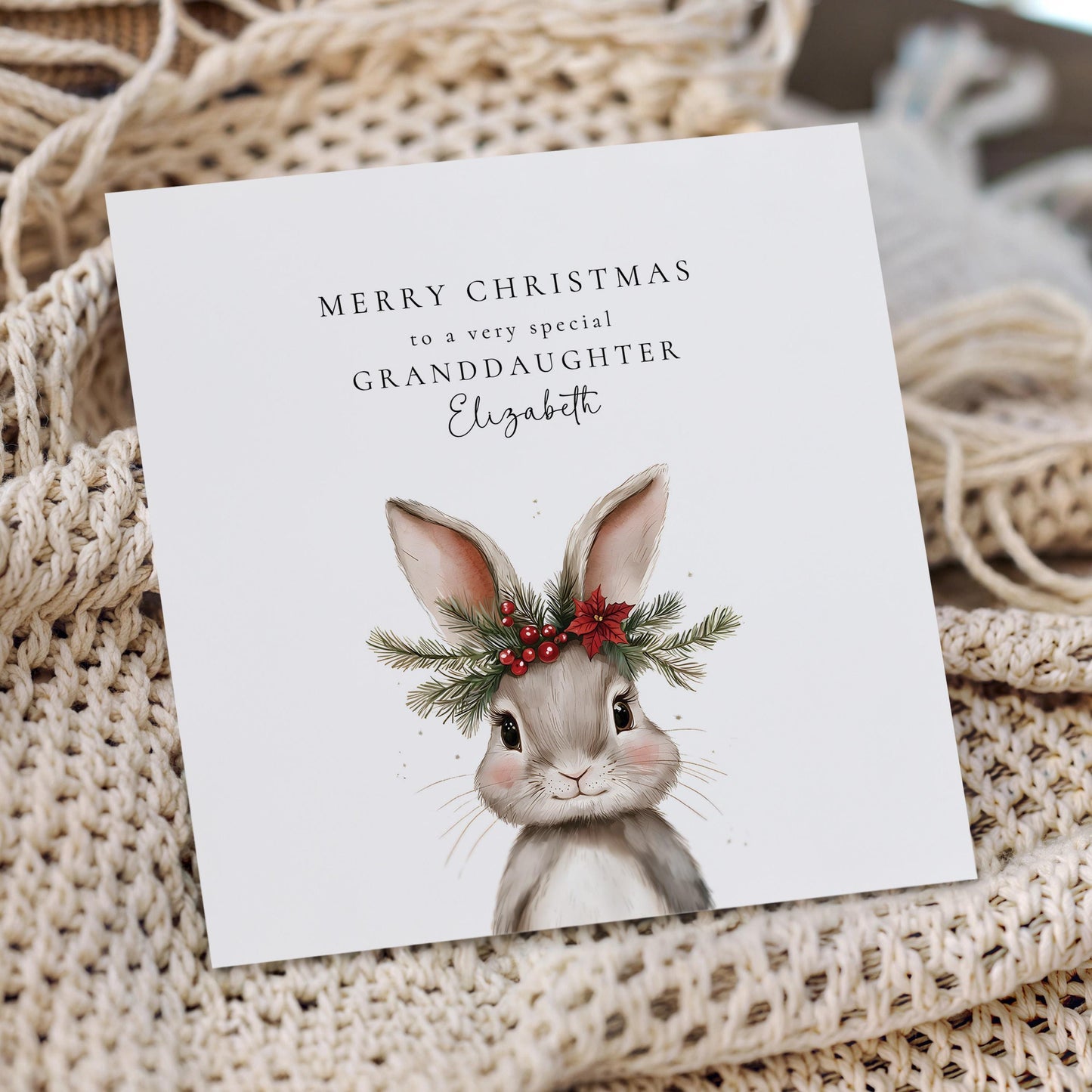 Personalised Christmas Card for Granddaughter, Cute Bunny Christmas Card, Printed & Posted, Festive Card for Grandchild, Custom Name Option