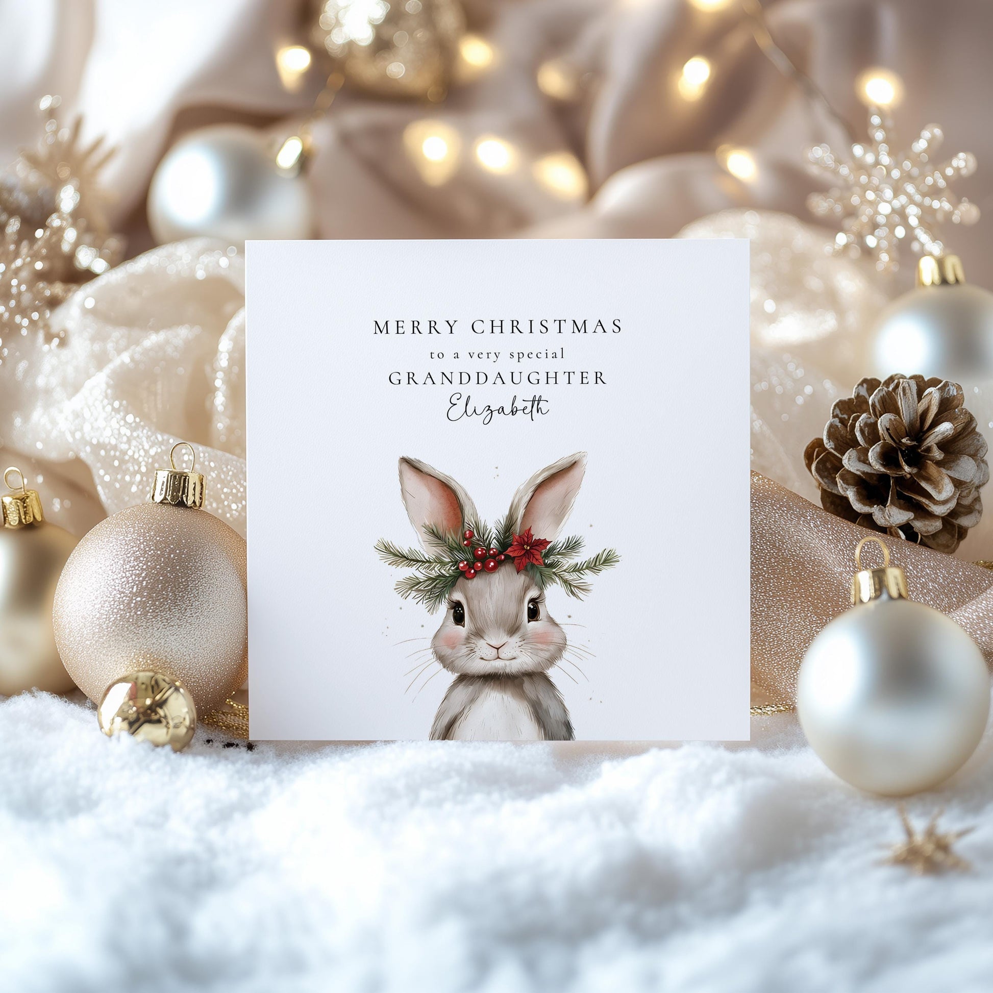 Personalised Christmas Card for Granddaughter, Cute Bunny Christmas Card, Printed & Posted, Festive Card for Grandchild, Custom Name Option
