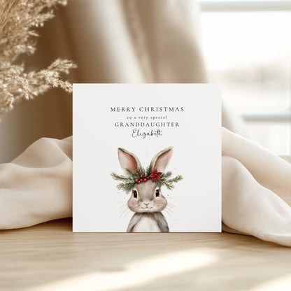 Personalised Christmas Card for Granddaughter, Cute Bunny Christmas Card, Printed & Posted, Festive Card for Grandchild, Custom Name Option