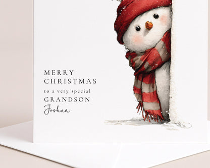 Grandson Christmas Card, Cute Snowman Christmas Card, Personalised Grandson Card, Fun Winter Card for Kids, Custom Name