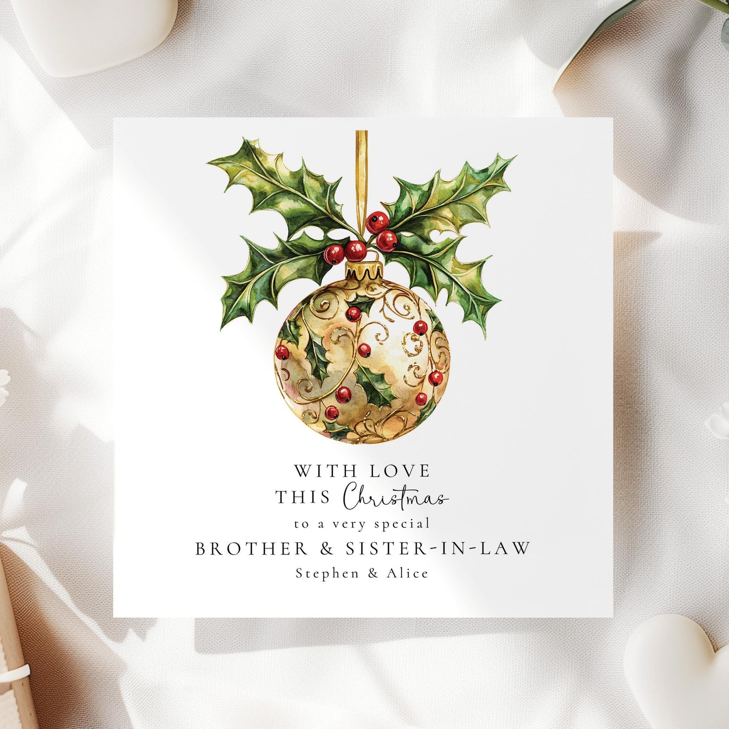 Christmas Card for Brother and Sister-in-Law, Personalised Holly Bauble Christmas Card, Family Xmas Card, Special Brother Sister-in-Law Card
