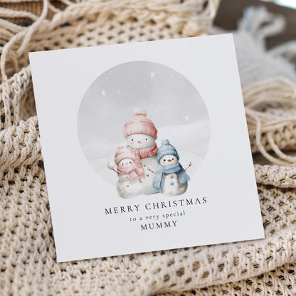 Mummy Christmas Card, Personalised Snowman Family with Daughter and Son, Custom Name Card for Mum from Kids, Cute Xmas Card