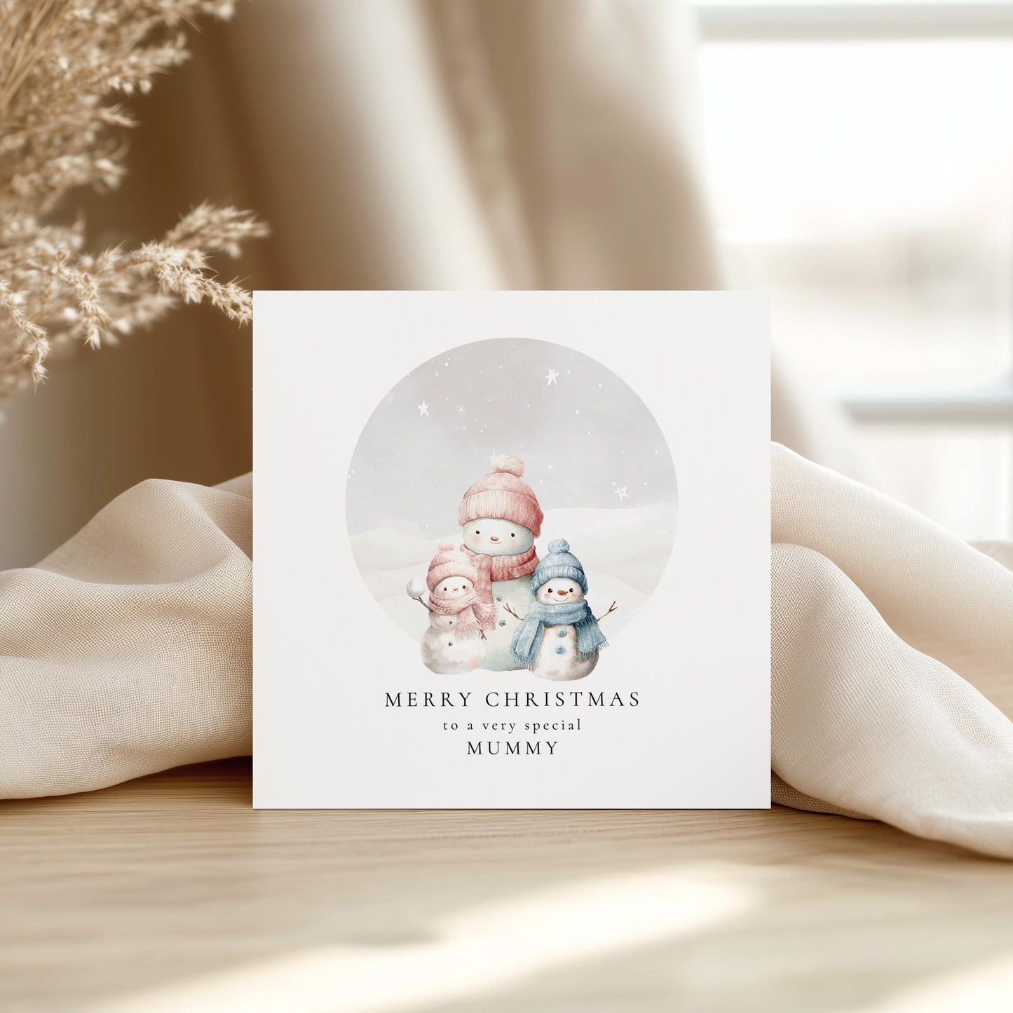 Mummy Christmas Card, Personalised Snowman Family with Daughter and Son, Custom Name Card for Mum from Kids, Cute Xmas Card