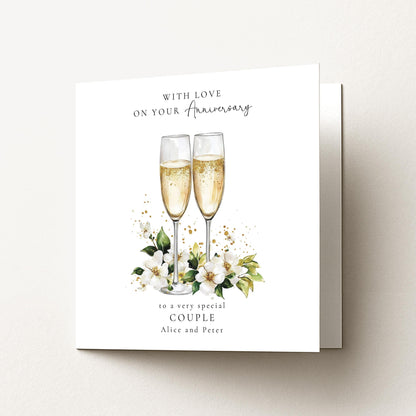 Anniversary Card for Couple, Personalised Anniversary Card, Elegant Champagne Glasses Wedding Anniversary Card