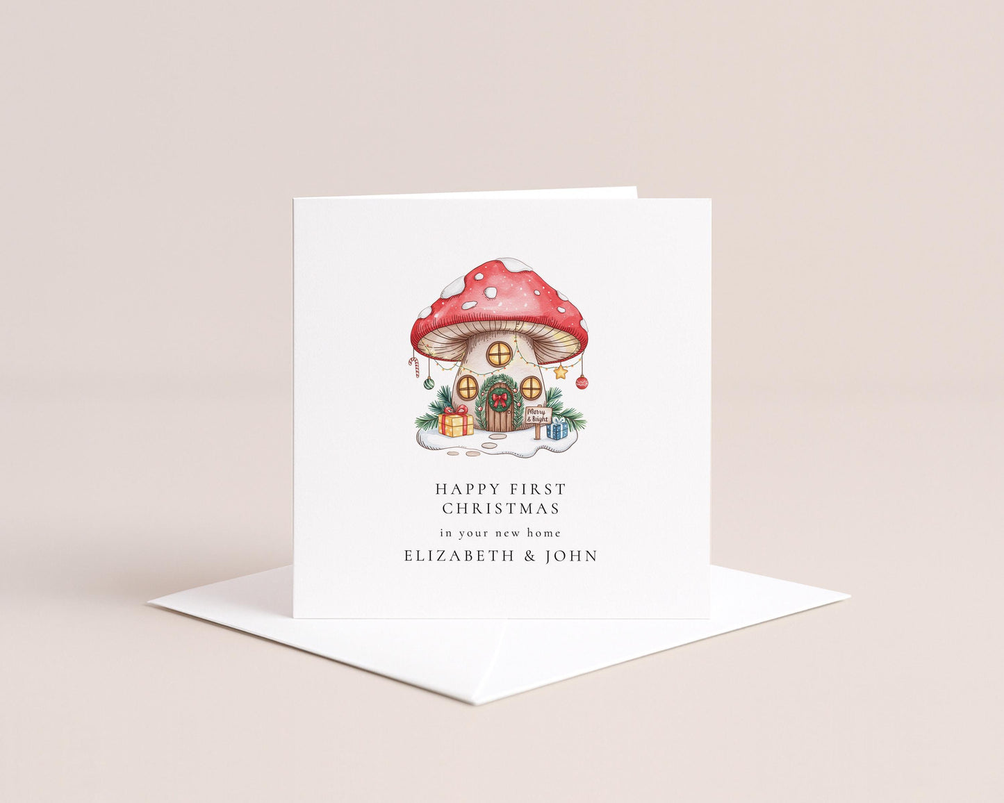 First Christmas in New Home Card, Personalised New Home Christmas Card, Toadstool Mushroom House Card, Printed & Posted Keepsake