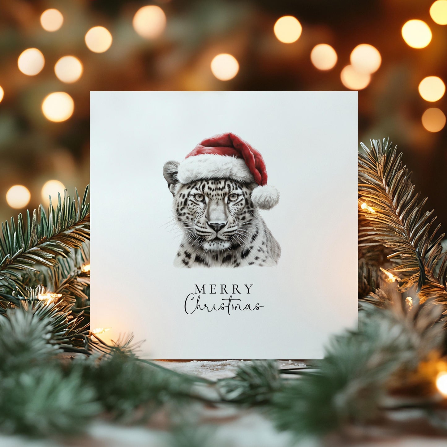 Merry Christmas Snow Leopard Card, Wild Cat in Santa Hat, Animal Christmas Card, Festive Wildlife Greeting, Unique Christmas Card