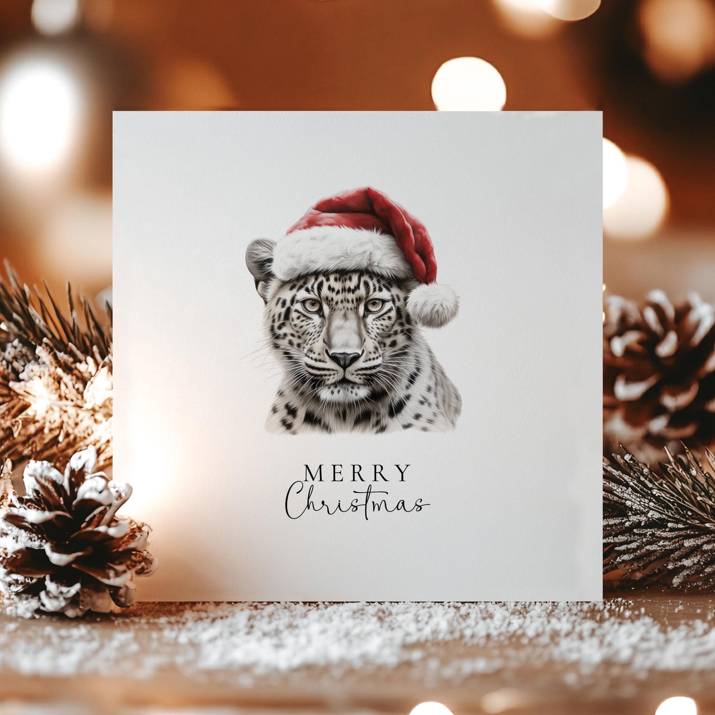 Merry Christmas Snow Leopard Card, Wild Cat in Santa Hat, Animal Christmas Card, Festive Wildlife Greeting, Unique Christmas Card