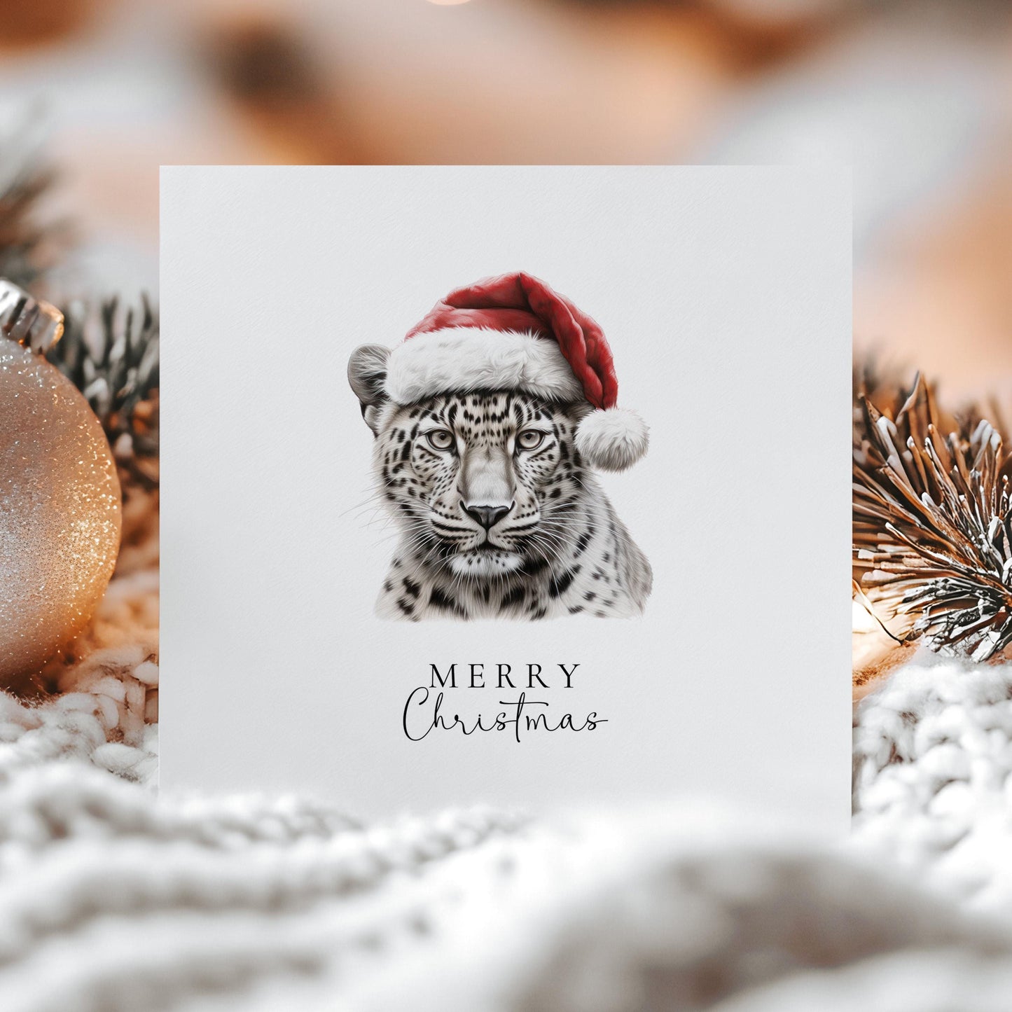 Merry Christmas Snow Leopard Card, Wild Cat in Santa Hat, Animal Christmas Card, Festive Wildlife Greeting, Unique Christmas Card