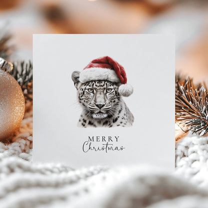Merry Christmas Snow Leopard Card, Wild Cat in Santa Hat, Animal Christmas Card, Festive Wildlife Greeting, Unique Christmas Card