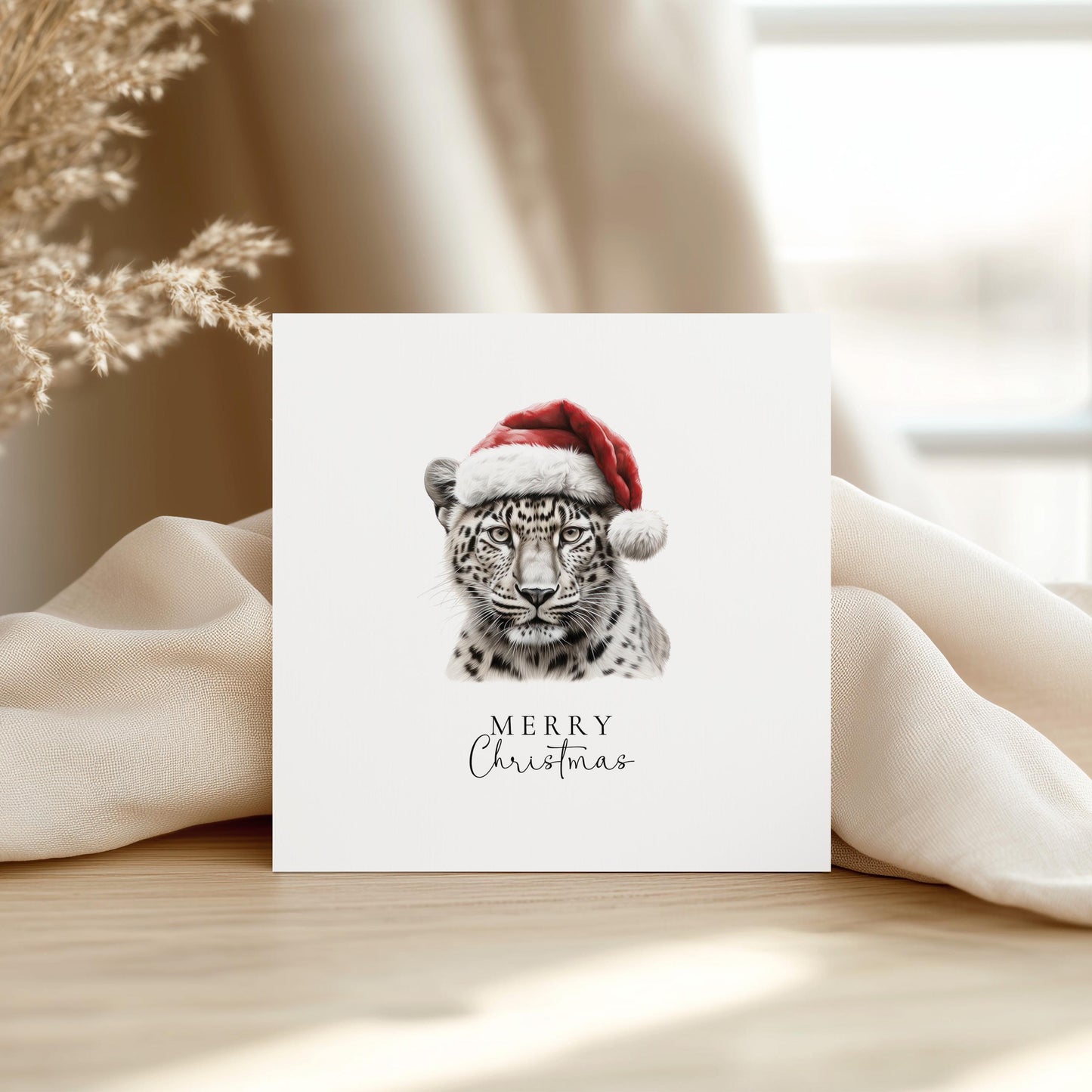 Merry Christmas Snow Leopard Card, Wild Cat in Santa Hat, Animal Christmas Card, Festive Wildlife Greeting, Unique Christmas Card