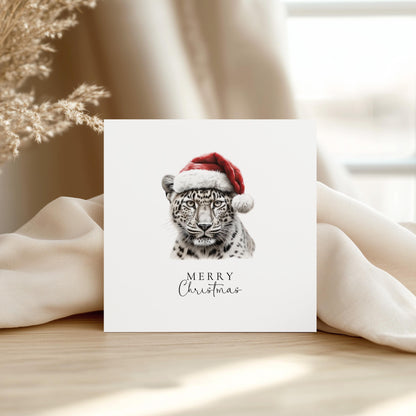 Merry Christmas Snow Leopard Card, Wild Cat in Santa Hat, Animal Christmas Card, Festive Wildlife Greeting, Unique Christmas Card