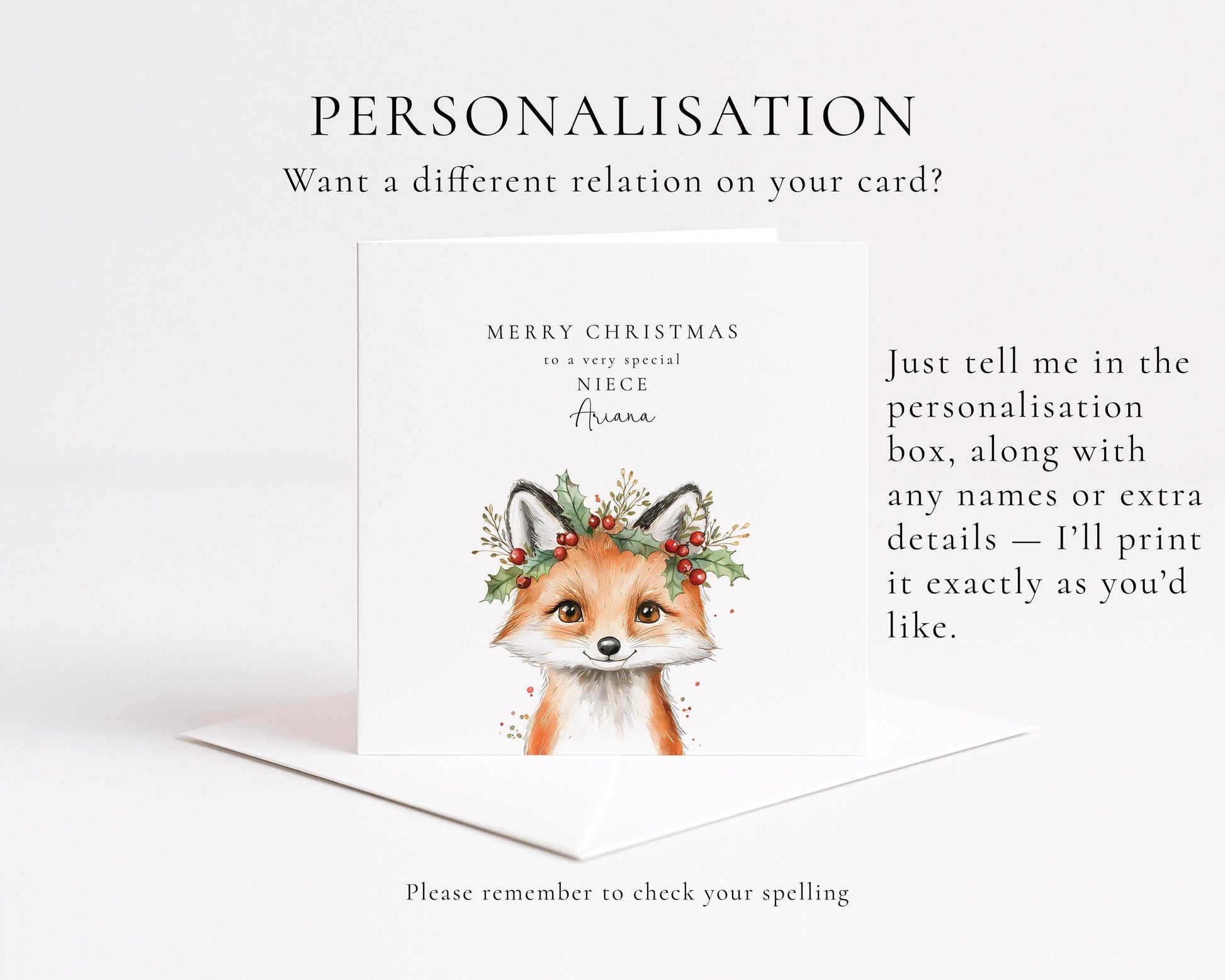 Niece Christmas Card, Cute Fox Christmas Card for Niece, Personalised Xmas Card, Custom Name Card, Woodland Animal Holiday Card UK