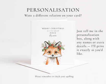 Niece Christmas Card, Cute Fox Christmas Card for Niece, Personalised Xmas Card, Custom Name Card, Woodland Animal Holiday Card UK