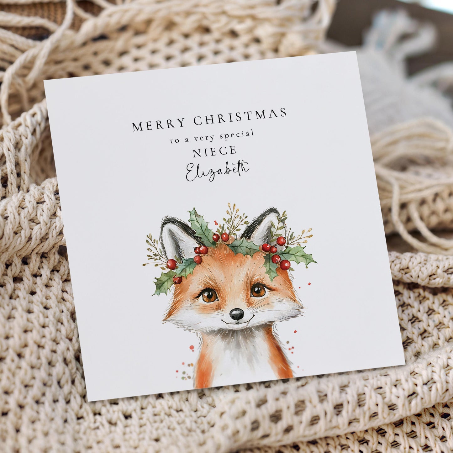 Niece Christmas Card, Cute Fox Christmas Card for Niece, Personalised Xmas Card, Custom Name Card, Woodland Animal Holiday Card UK
