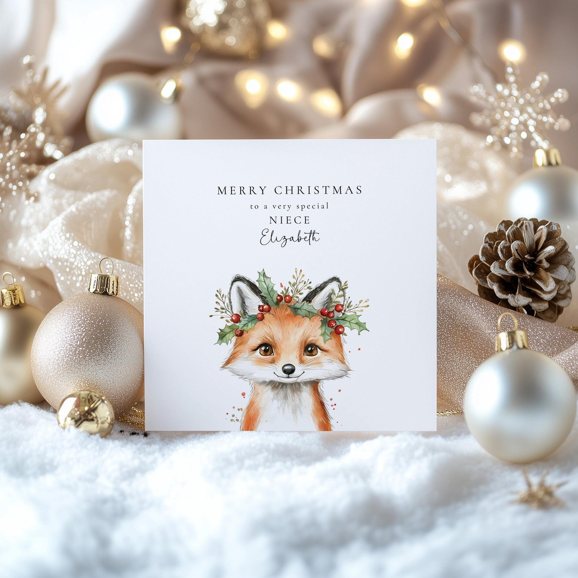 Niece Christmas Card, Cute Fox Christmas Card for Niece, Personalised Xmas Card, Custom Name Card, Woodland Animal Holiday Card UK