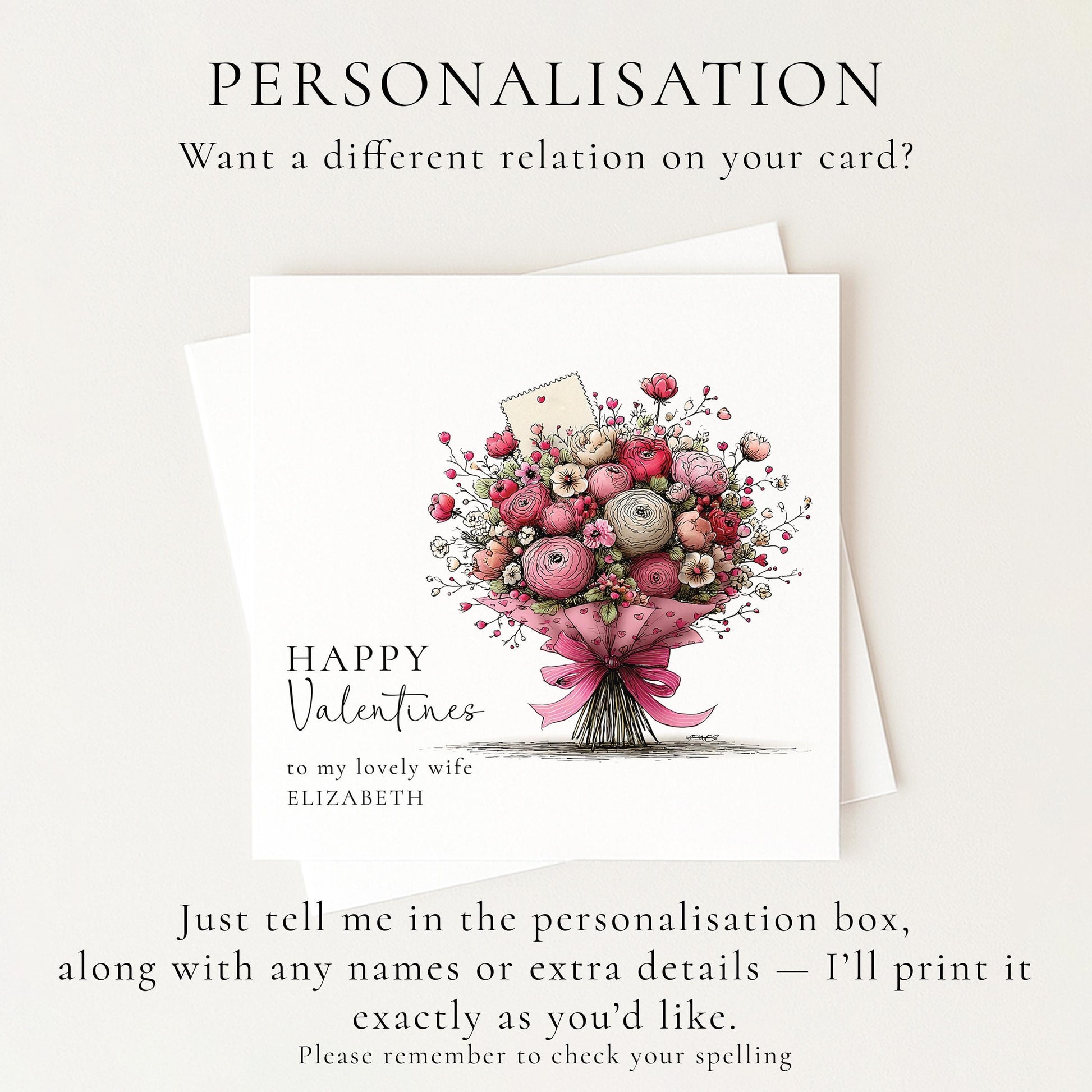 Valentines Card for Wife, Floral Bouquet Valentine Card, Personalised Wife Valentine’s Day Card, Romantic Printed Card