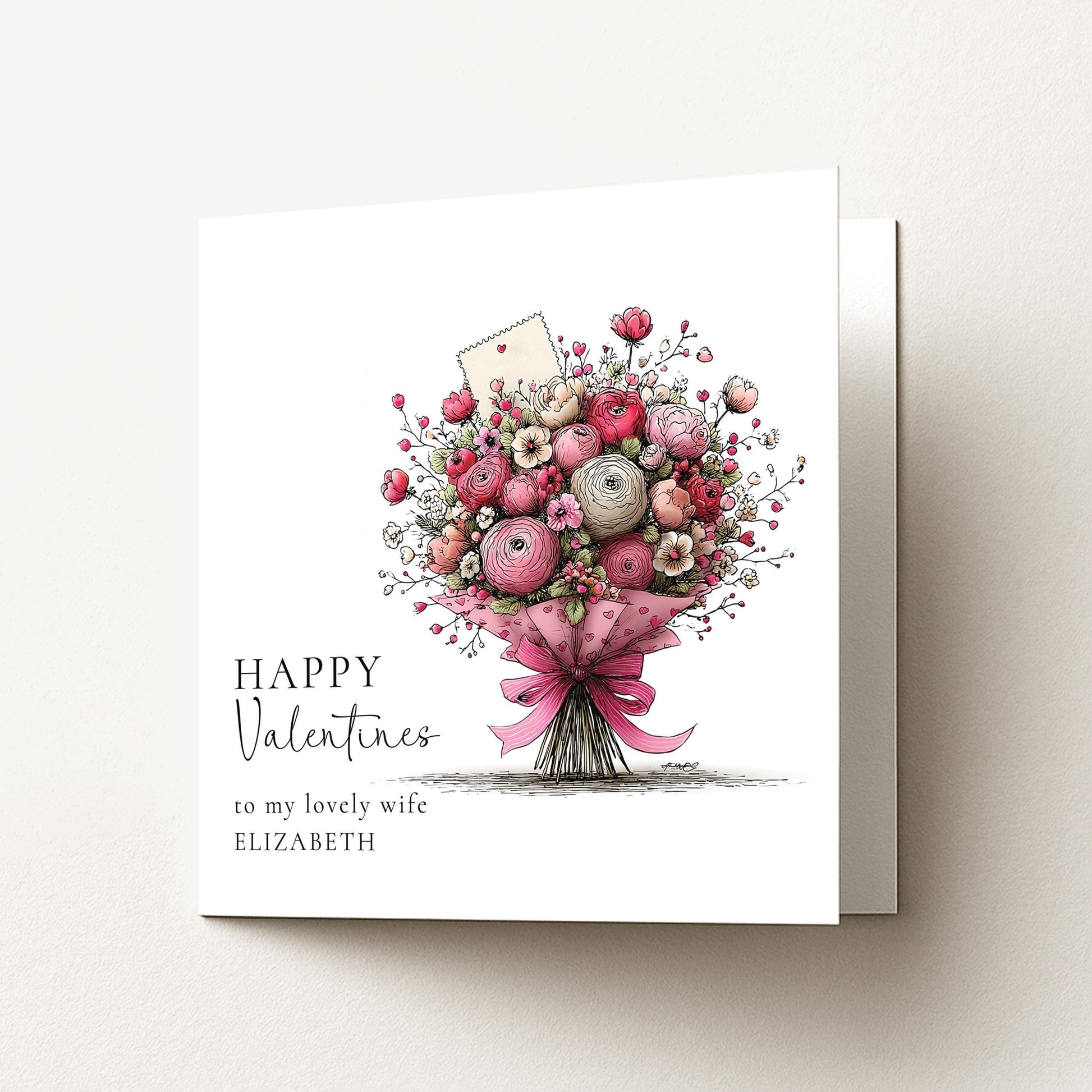 Valentines Card for Wife, Floral Bouquet Valentine Card, Personalised Wife Valentine’s Day Card, Romantic Printed Card