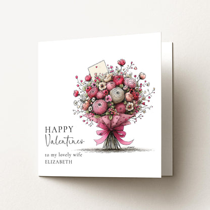 Valentines Card for Wife, Floral Bouquet Valentine Card, Personalised Wife Valentine’s Day Card, Romantic Printed Card