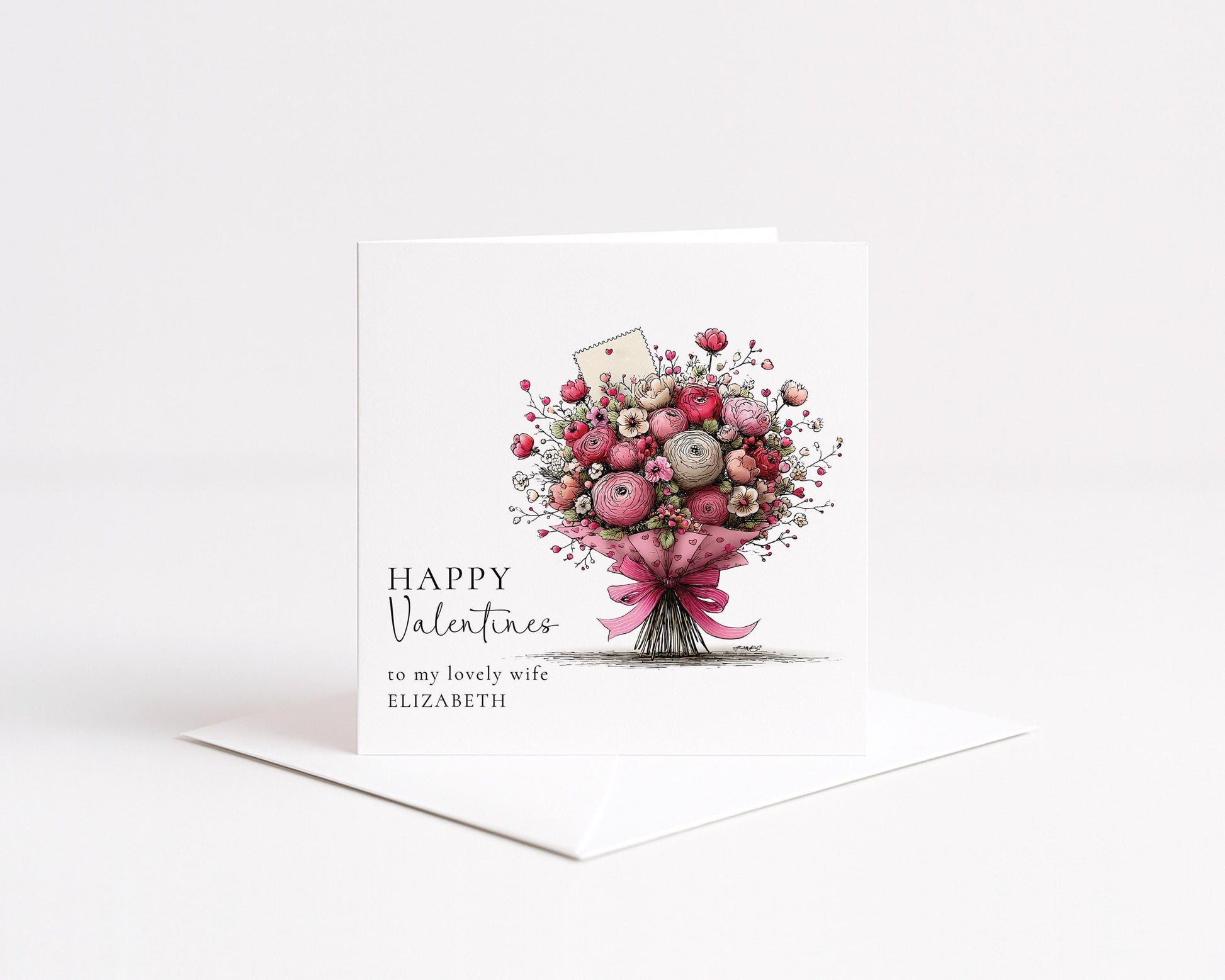 Valentines Card for Wife, Floral Bouquet Valentine Card, Personalised Wife Valentine’s Day Card, Romantic Printed Card