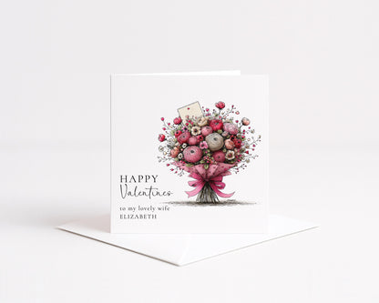 Valentines Card for Wife, Floral Bouquet Valentine Card, Personalised Wife Valentine’s Day Card, Romantic Printed Card