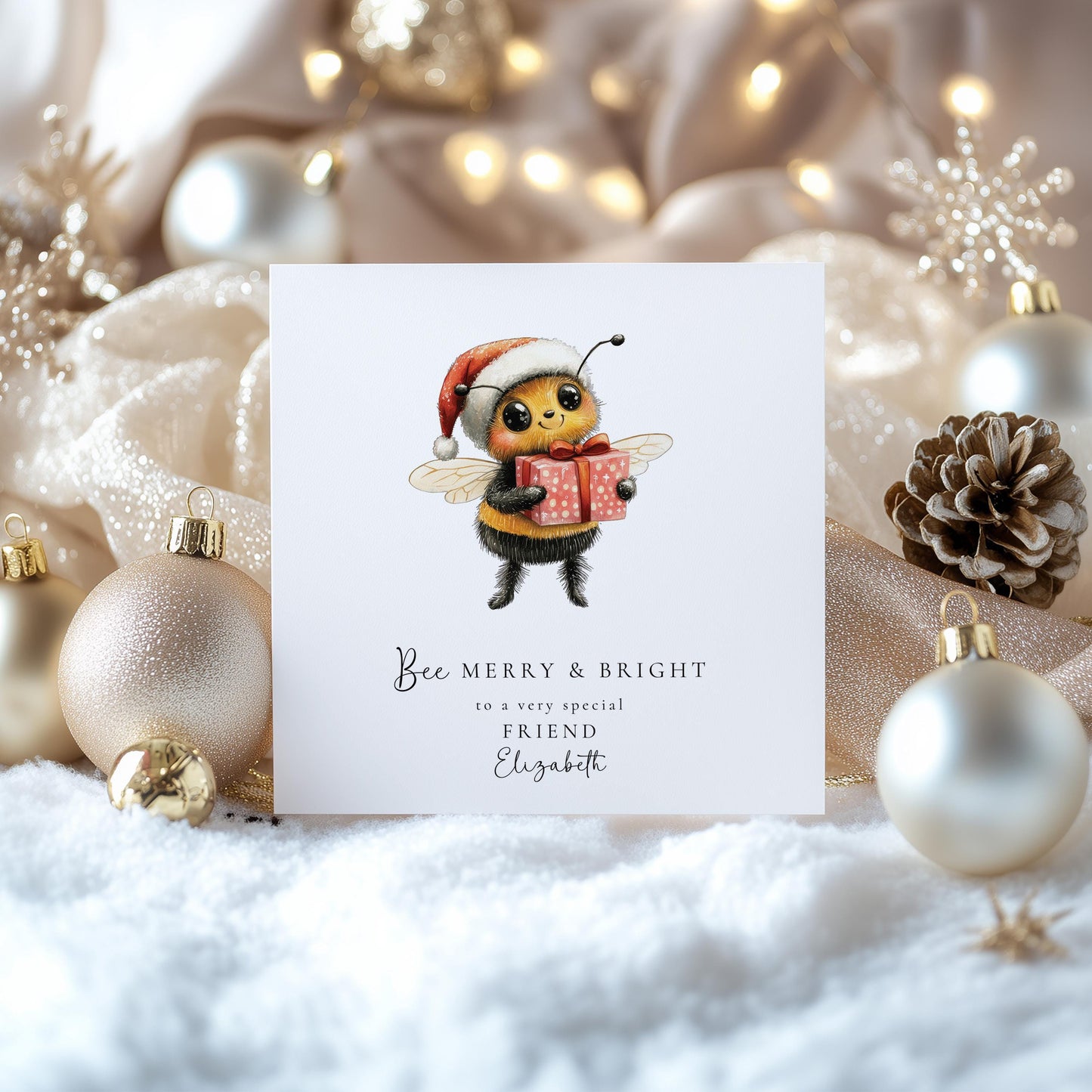 Bee Merry & Bright Christmas Card, Cute Bee Xmas Card for Friend, Personalised Name Card, Festive Bee Holding Gift, Custom Printed Card UK