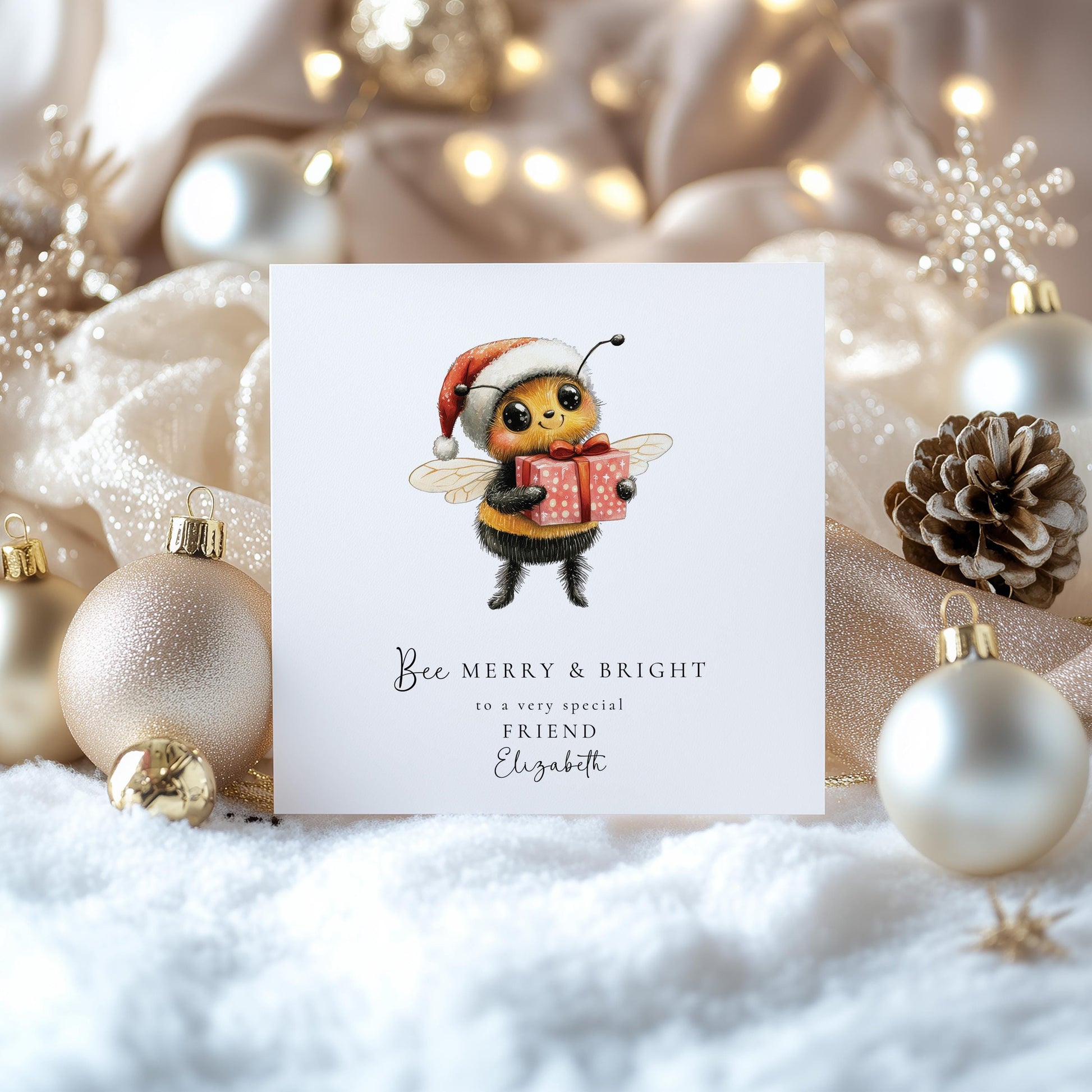 Bee Merry & Bright Christmas Card, Cute Bee Xmas Card for Friend, Personalised Name Card, Festive Bee Holding Gift, Custom Printed Card UK