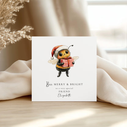 Bee Merry & Bright Christmas Card, Cute Bee Xmas Card for Friend, Personalised Name Card, Festive Bee Holding Gift, Custom Printed Card UK