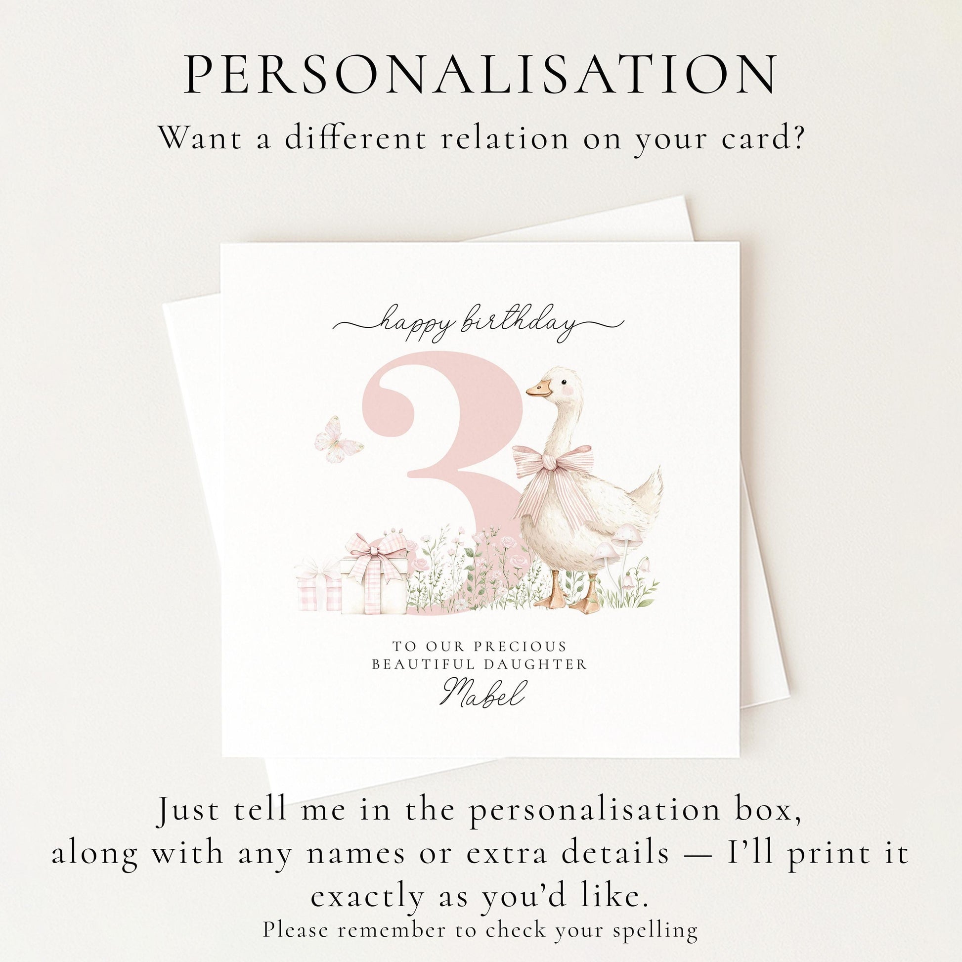 3rd Birthday Card for Daughter, Pink Goose Birthday Card, Personalised Age 3 Card for Girl, Farmyard Birthday Card, Printed & Posted