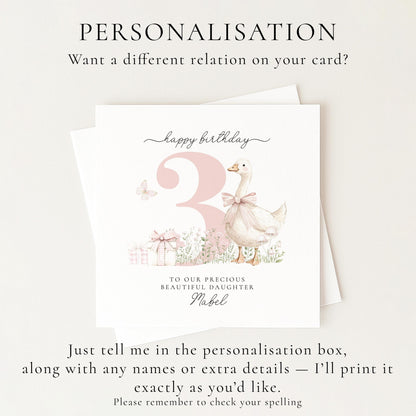 3rd Birthday Card for Daughter, Pink Goose Birthday Card, Personalised Age 3 Card for Girl, Farmyard Birthday Card, Printed & Posted