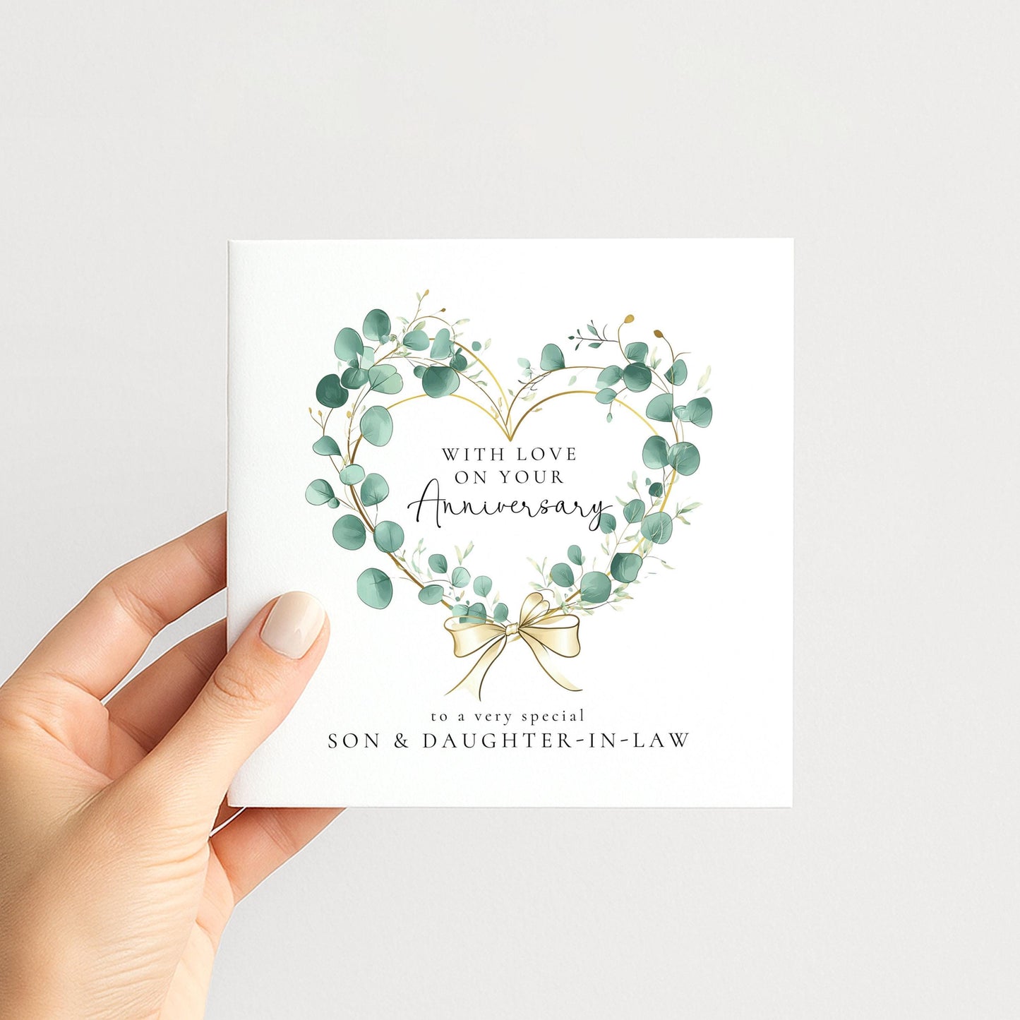Anniversary Card Son and Daughter-in-law, Elegant Eucalyptus Heart Anniversary Card, Personalised Printed Card