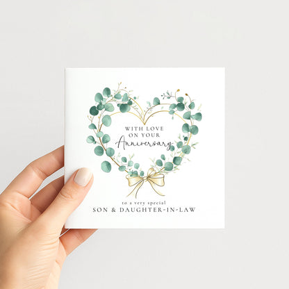 Anniversary Card Son and Daughter-in-law, Elegant Eucalyptus Heart Anniversary Card, Personalised Printed Card
