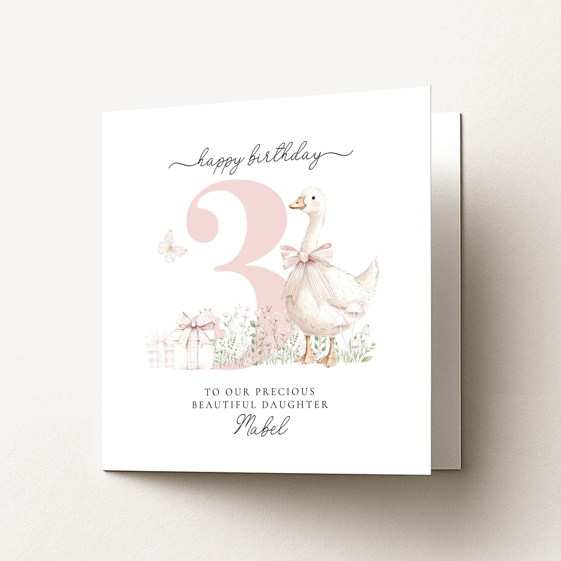 3rd Birthday Card for Daughter, Pink Goose Birthday Card, Personalised Age 3 Card for Girl, Farmyard Birthday Card, Printed & Posted