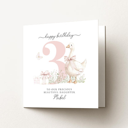 3rd Birthday Card for Daughter, Pink Goose Birthday Card, Personalised Age 3 Card for Girl, Farmyard Birthday Card, Printed & Posted