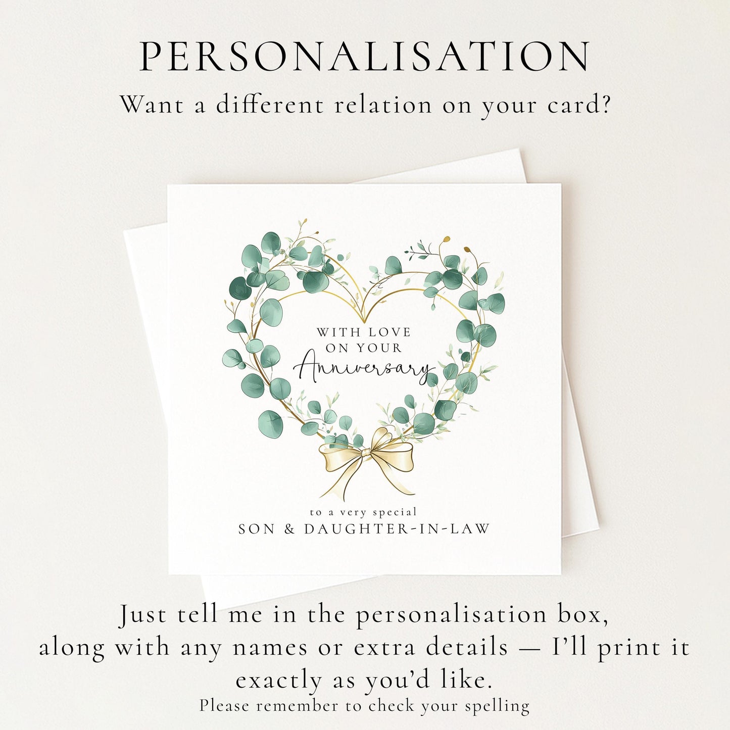 Anniversary Card Son and Daughter-in-law, Elegant Eucalyptus Heart Anniversary Card, Personalised Printed Card